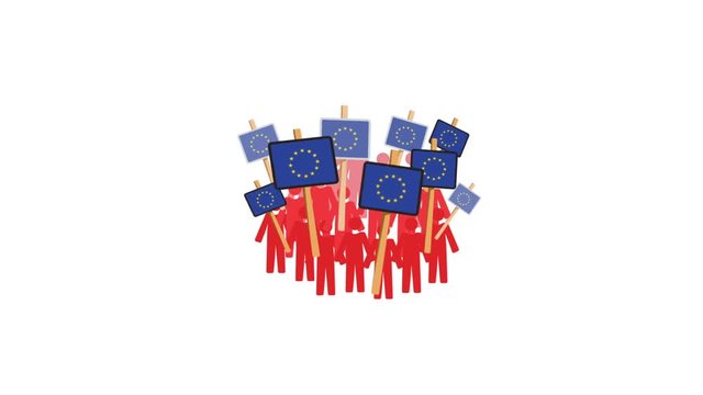 Animation video of a crowd of people waving EU placards