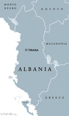 Albania political map with capital Tirana, national borders and neighbor countries. Republic and sovereign state in Southeastern Europe on Balkan peninsula. Gray illustration, English labeling. Vector