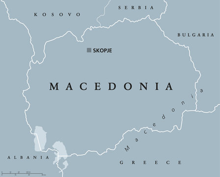 Macedonia political map with capital Skopje and neighbor countries. Republic in Southeastern Europe on Balkan peninsula. Former Yugoslav Republic of Macedonia. Illustration. English labeling. Vector.