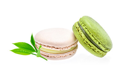 Green tea macarons on white background