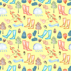 Seamless pattern with watercolor autumn objects (warm hat and mittens, rubber boots, rain cloud, dry tree leaves and other), hand drawn isolated on a yellow background