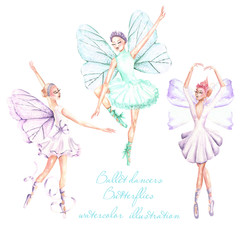 Set, collection of watercolor ballet dancers with butterfly wings illustrations, hand drawn isolated on a white background