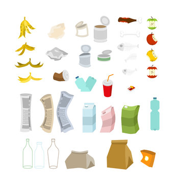 Garbage Set. Rubbish Icon Collection. Trash Sign. Litter Symbol. Peel From Banana And Stub. Tin And Old Newspaper. Bone And Packaging. Crumpled Paper And Plastic Bottle