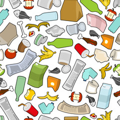 Garbage texture. Rubbish seamless pattern. trash ornament. litter background. peel from banana and stub. Tin and old newspaper. Bone and packaging. Crumpled paper and plastic bottle