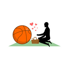 Fototapeta premium Lover Basketball. Guy and ball on picnic. Meal in nature. blanket and basket for food on lawn. Romantic date. Love sport play game