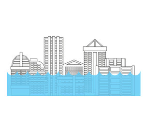 Flooding in city. Flood in town. House flooded. Building in water