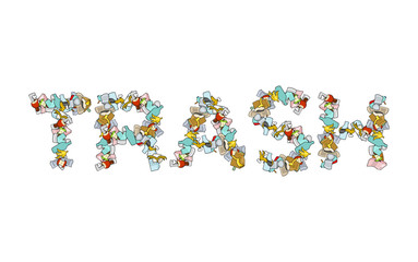 trash typography. Rubbish Lettering. Letters from garbage. peel from banana and stub. Tin and newspaper. Bone and packaging. Crumpled paper and plastic bottle