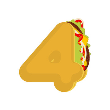 Number 4 tacos. Mexican fast food font four. Taco alphabet symbol. Mexico meal ABC