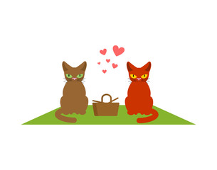 Cat lovers on picnic. Meal in nature. blanket and basket for food on lawn. Pet Romantic date. Cats lifestyle