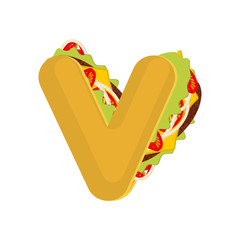 Letter V tacos. Mexican fast food font. Taco alphabet symbol. Mexico meal ABC