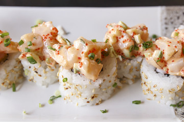 Scallop sushi with mentaiko sauce