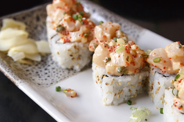 Scallop sushi with mentaiko sauce