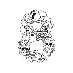 Number 8 skeleton. Bones Font eight. Anatomy of an alphabet symbol. dead ABC sign