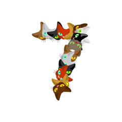 Number 7 cat font. Cats number seven. Pet alphabet sign. home animal ABC