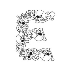 Letter E skeleton Bones Font. Anatomy of an alphabet symbol. dead ABC sign