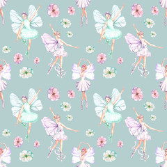 Seamless pattern with watercolor ballet dancers with butterfly wings and flowers, hand drawn isolated on a blue background