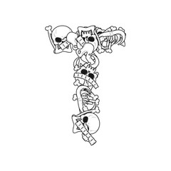 Letter T skeleton Bones Font. Anatomy of an alphabet symbol. dead ABC sign