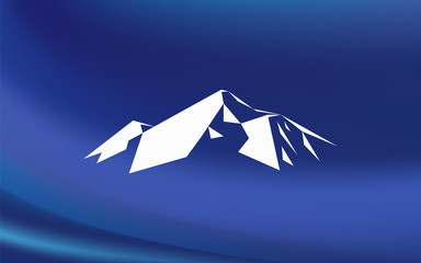 Snow mountains peak (Everest) logo. Much white triangles. Blue background. Can be used as sports badge, emblem of mineral water, tourism banner, travel icon, sign, decor...