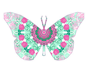 Silhouette of butterfly with circular ornament.  Mandala art. Pink and green tones.