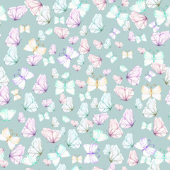 Seamless pattern with watercolor tender butterflies, hand drawn on a blue background