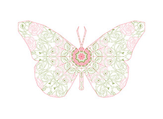 Silhouette of butterfly with circular ornament like spiderweb in red and black tones.  Floral mandala art.