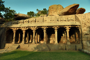 Hindu cave at Arjuna's Penance a large rock carving in Mahabalipuram, Tamil Nadu, India
