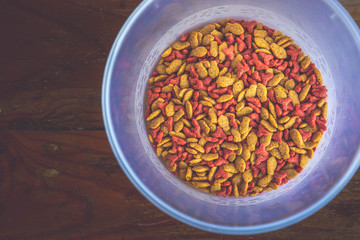 Cat's food on the old wood background.