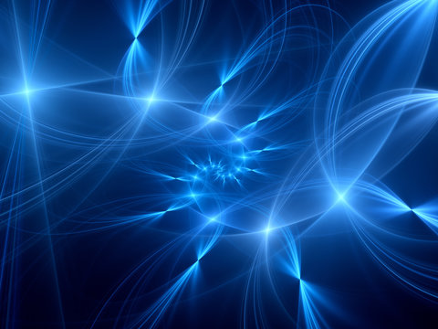 Blue glowing spiral intersections in space, computer generated abstract background, 3D render