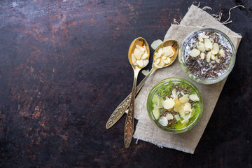 Chia seed pudding with almond milk and fresh fruit topping