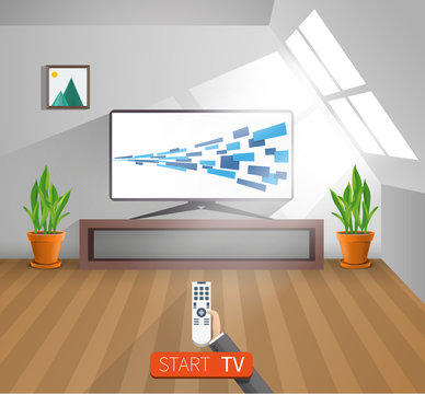 Watch TV in home room, vector illustration