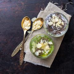 Chia seed pudding with almond milk and fresh fruit topping
