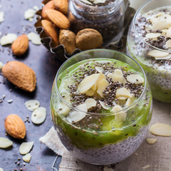 Chia seed pudding with almond milk and fresh fruit topping