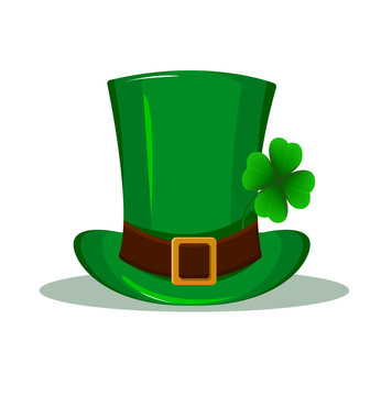Patrick hat. Green hat with four leaf clover isolated on white background. Happy St. Patrick's day. Usable as icon, banner, design element. Vector illustration.