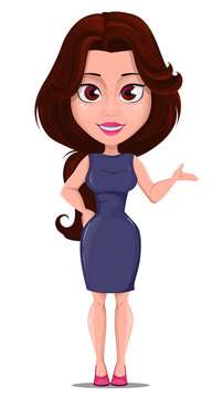 Businesswoman cartoon character for design, animation. Modern beautiful  business woman in dark purple dress. Cute office manager with fashionable  hairstyle and big eyes showing something. Vector. Stock Vector | Adobe Stock