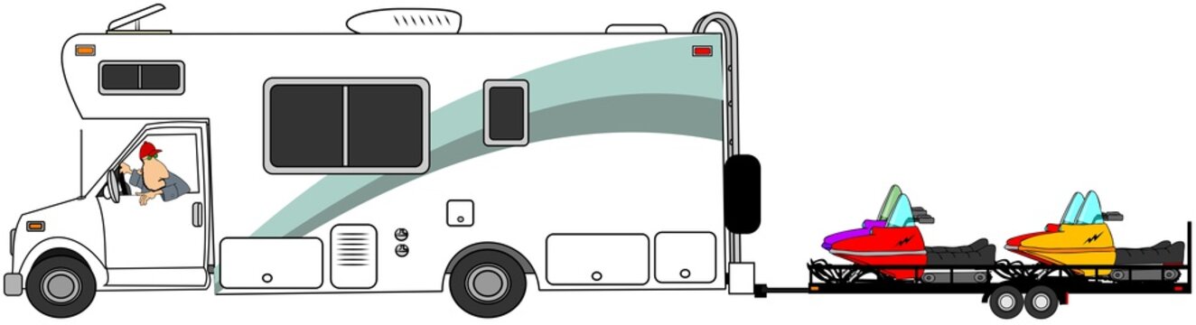 Illustration of a man driving a class c motorhome pulling a flatbed trailer with snowmobiles.