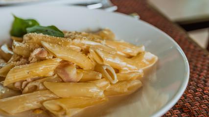 Delicious carbonara macaroni.