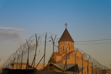 Armenian church behind barbed wire, Baghdad, Iraq