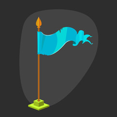 Blue flag - game element. Vector cartoon icon on dark background