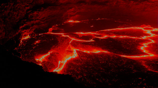 Panorama of Erta Ale volcano crater, melting lava, Danakil depression, Ethiopia