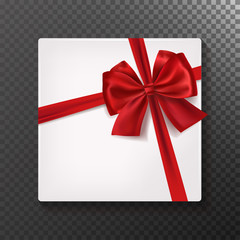 Realistic white gift box with red satin ribbon and bow.