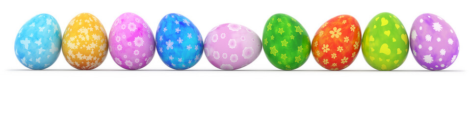 colorful easter eggs in a row isolated on white