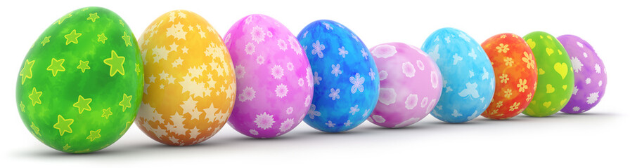 easter eggs in a row isolated on white background