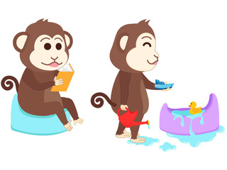 Monkey sitting on potty read a book and playing

