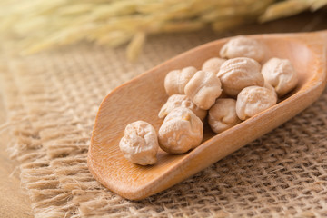 Garbanzo beans or chickpeas in a wooden spoon.