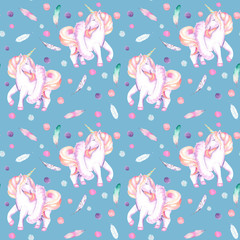 Seamless pattern with watercolor pink unicorn in tutu, feathers and confetti, hand drawn isolated on a bright blue background
