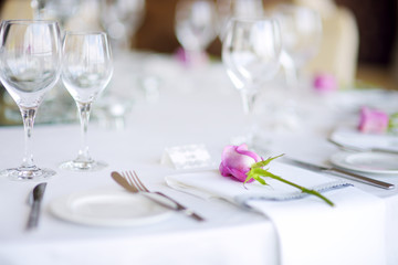 Beautiful table setting with crockery and flowers for a party, wedding reception or other festive event