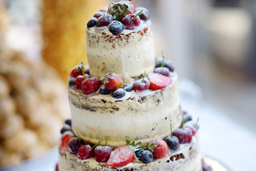 Delicious chocolate wedding cake decorated with fruits and berries