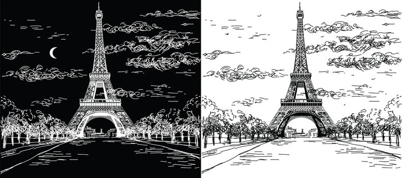 Night and day landscape with Eiffel tower in black and white colors