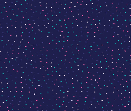 Seamless Pattern With Colorful Dots On The Dark Blue Background. Vector Simple Grunge Background. Ink Fabric Design.