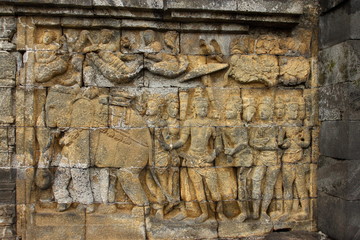 Relief of Borobudur temple in Yogyakarta, Java, Indonesia/Borobudur temple stupas near Yogyakarta, Java, Indonesia